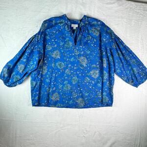 J.Jill Blue Floral Cotton Blouse Womens M Split Neck Boho Boxy cottage core Top